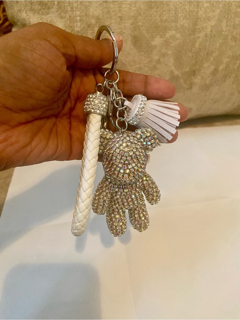 Crystal Teddy Bear Keychain with White Tassel and Braided Strap
